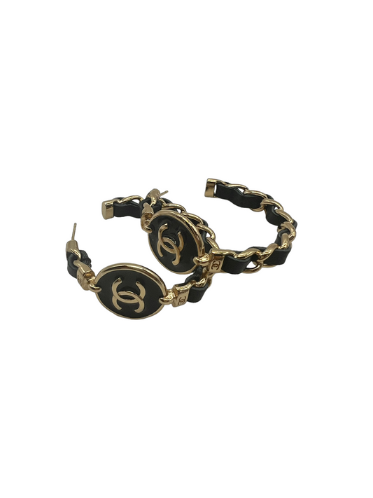 Chanel L22 Black Lambskin Chain Coin Motifs Hoop Earrings