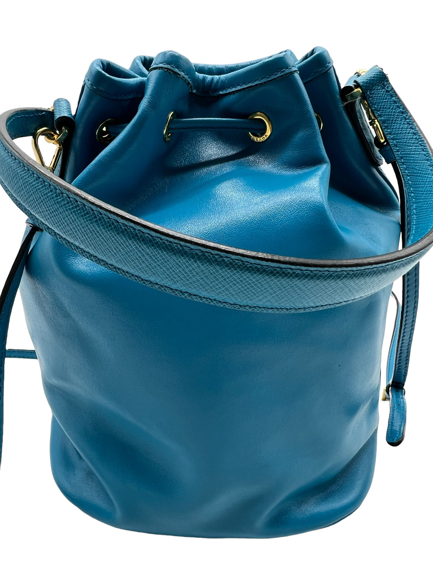 Prada Blue Leather Small Drawstring Bucket Handbag