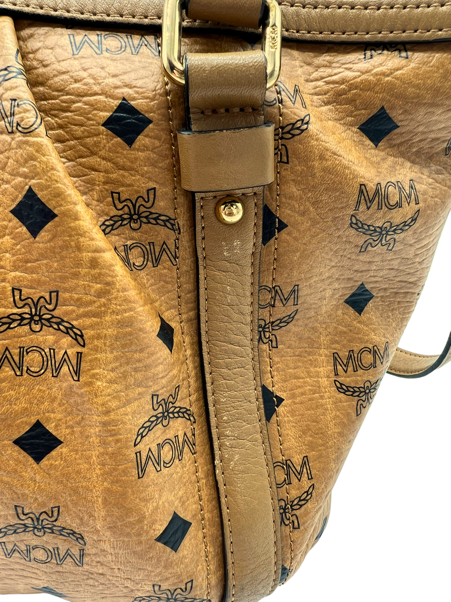 MCM Cognac Tan Visetos Heritage Pleated Buckle Shoulder Bag