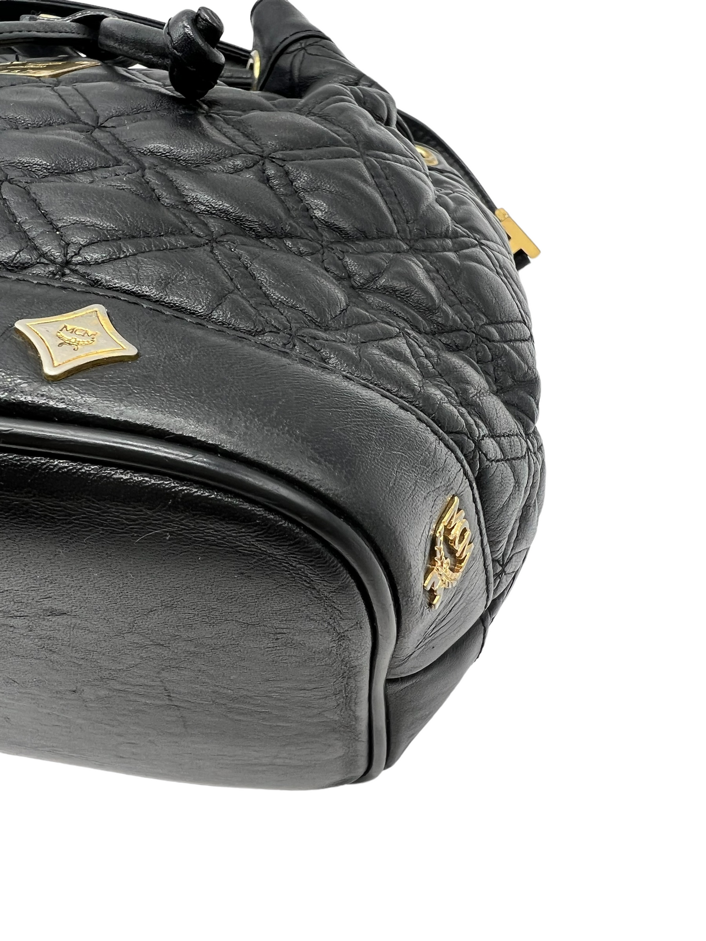 MCM Vintage Black Leather Quilted Drawstring Bucket Bag