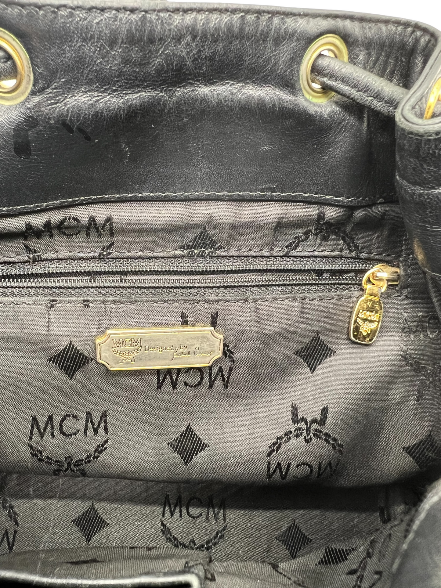 MCM Vintage Black Leather Quilted Drawstring Bucket Bag