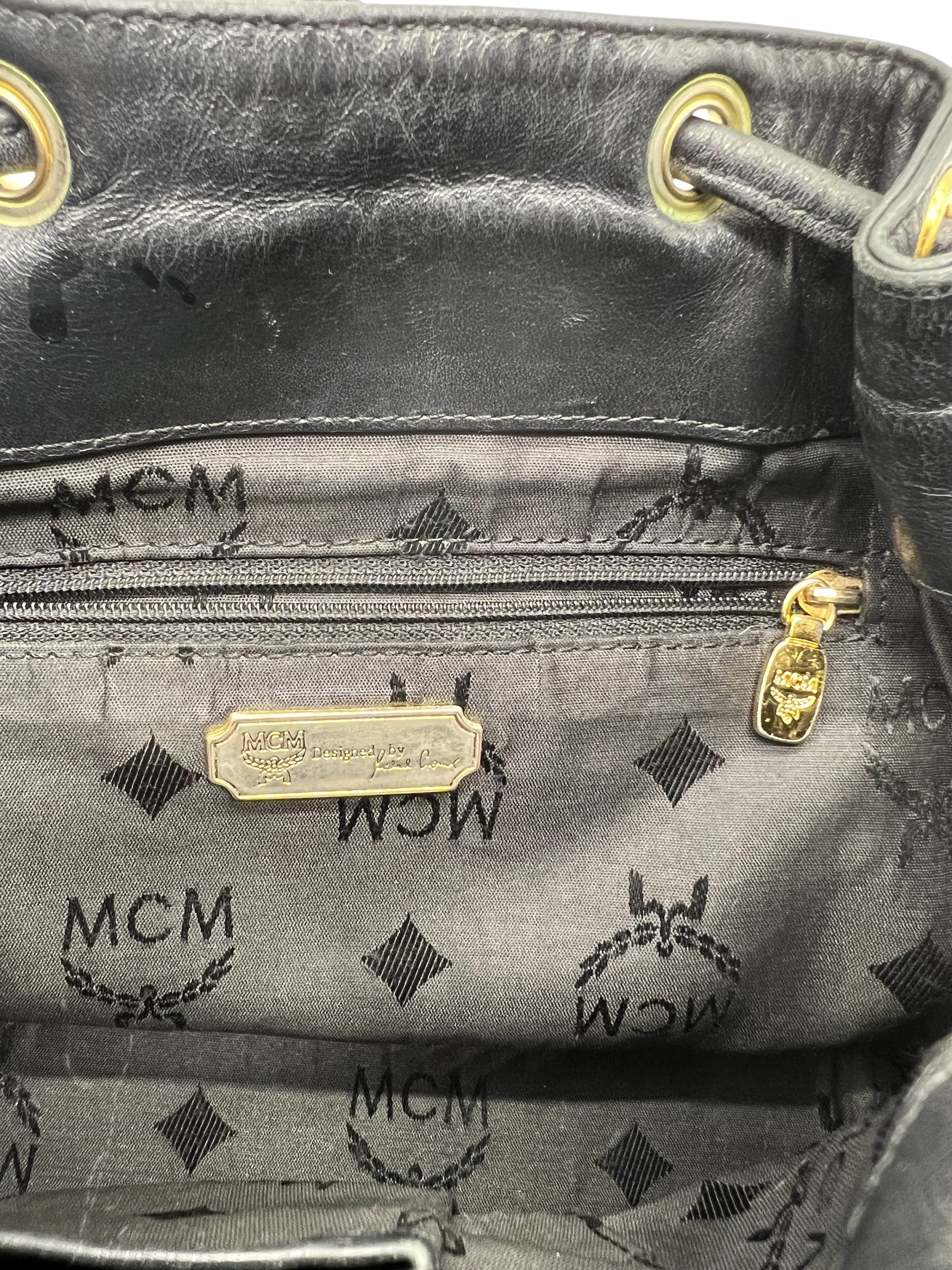 MCM Visetos Leather Drawstring Bucket Bag