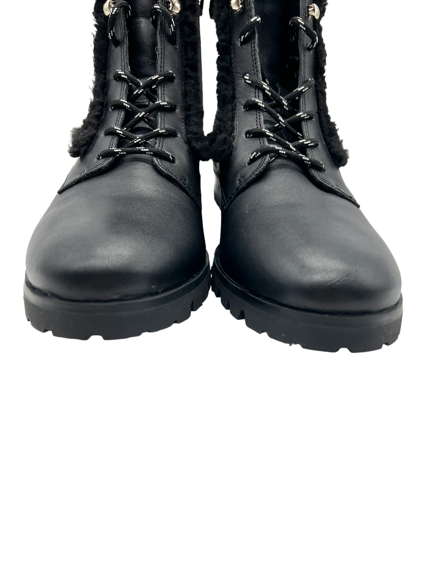 Kate Spade Black Leather Faux Fur Trim Size 7.5 Combat Boots