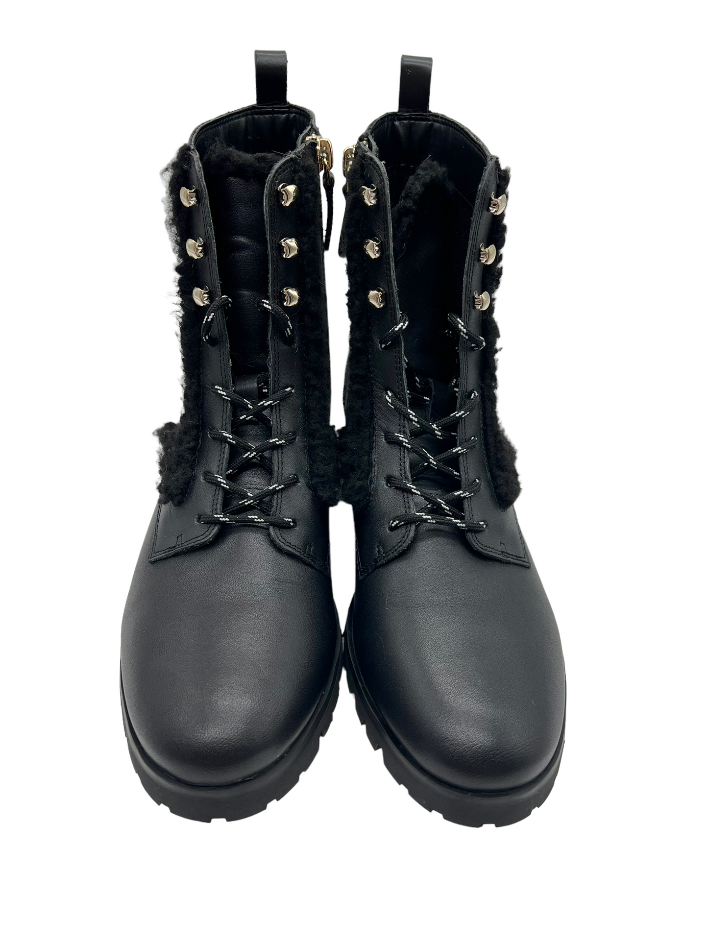 Kate Spade Black Leather Faux Fur Trim Size 7.5 Combat Boots