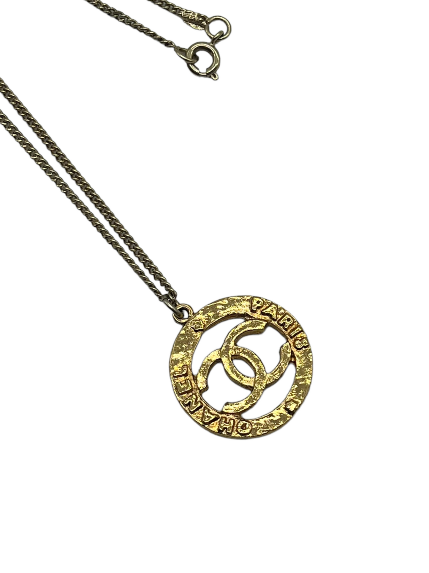 Chanel Gold Hammered Vintage Cut Out 'Chanel Paris' Medallion Necklace
