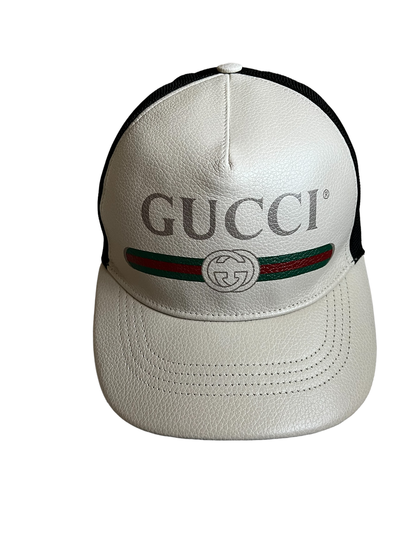 Gucci Cream Black Leather Logo Size S Trucker Hat