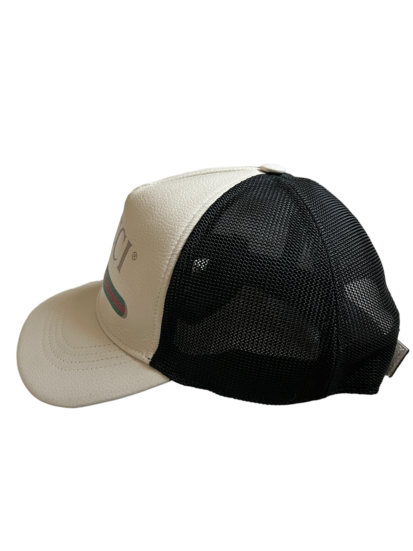 Gucci Cream Black Leather Logo Size S Trucker Hat