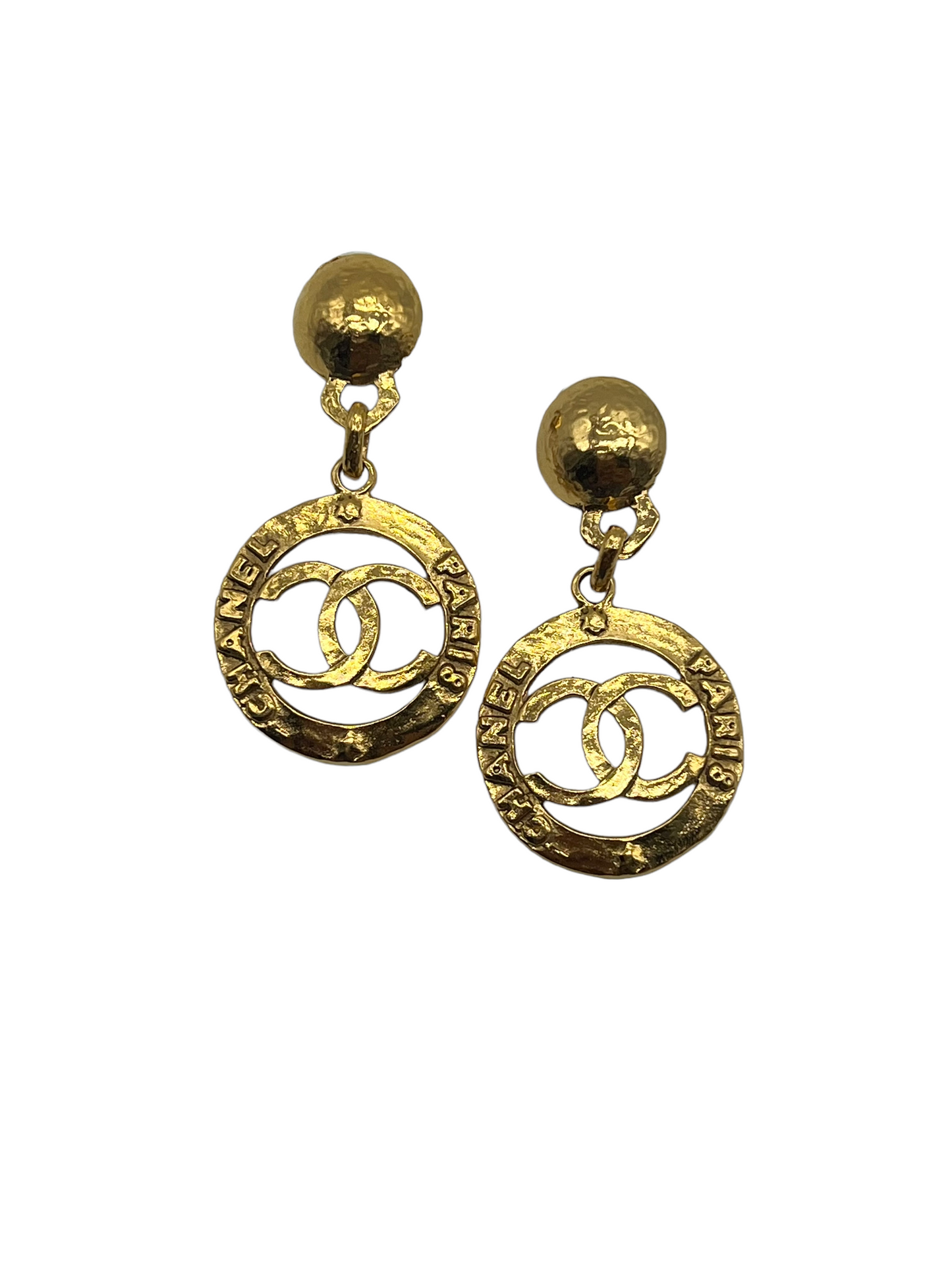 Chanel Gold Vintage Collection 28 'Chanel Paris' Hammered Clip On Drop Earrings