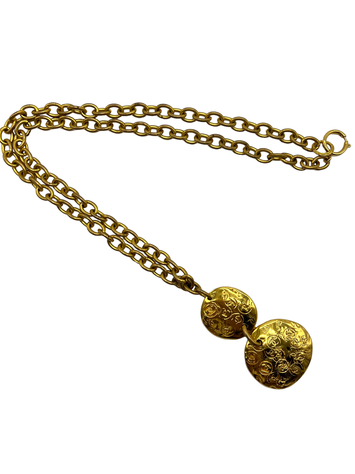 Chanel Gold Vintage 1993 CC Stamped Double Disk Necklace